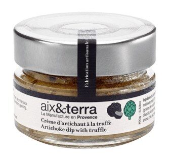 Une crème d’artichaut à la truffe Aix & Terra dans son pot en verre