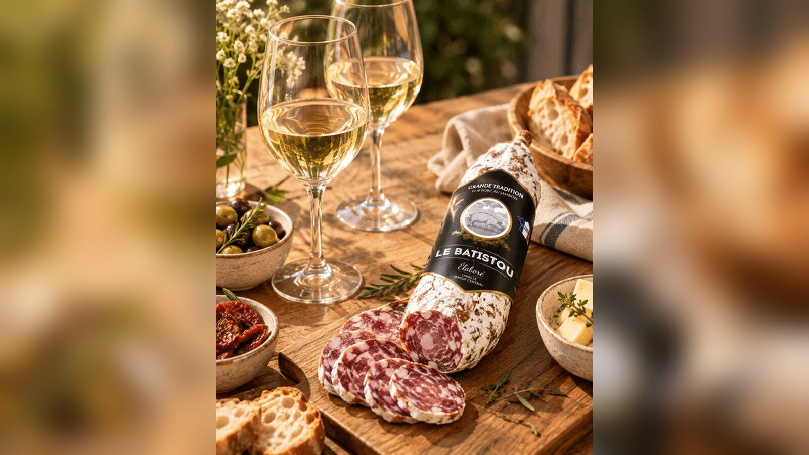 Une table d’apéritif en terrasse avec deux verres de vin blanc et le saucisson Le Batistou tranché