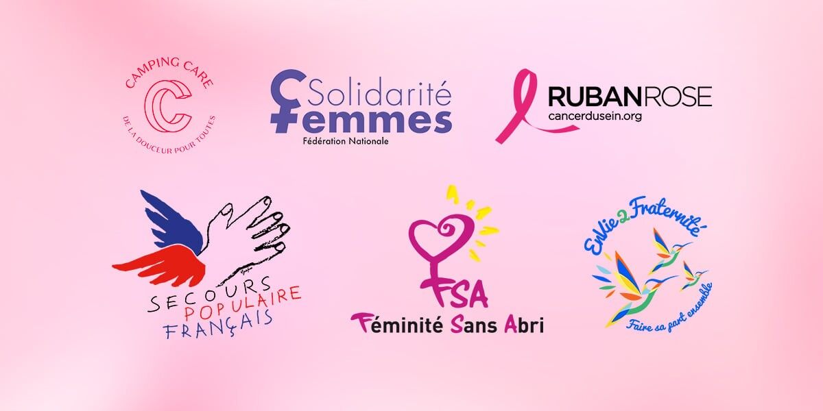 Logos des associations soutenues par Blissim : Camping Care, Solidarité Femmes, Ruban Rose, Secours populaire et d’autres