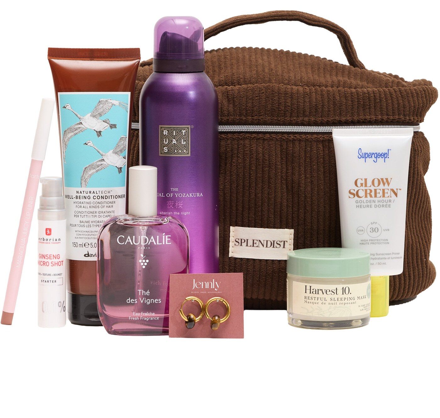 Le coffret Splendist Édition Automne avec sa vanity en velours côtelé marron, la mousse Rituals, l’eau fraîche Caudalie et la crème Supergoop!