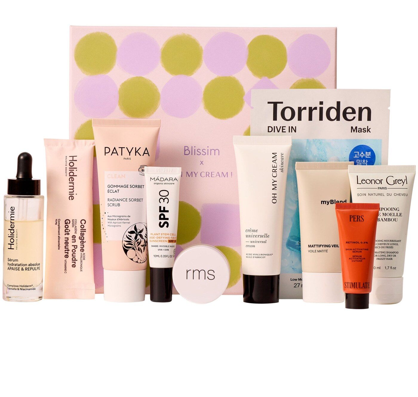 Le coffret Blissim x Oh My Cream avec le sérum Holidermie, le masque Torriden, le gommage Patyka et le SPF Madara