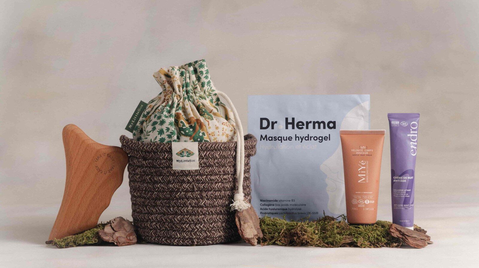 La My Little Box d’octobre 2026 Murmures des bois, avec son panier tressé, un masque Dr Herma, un soin MiYé et une crème Endro