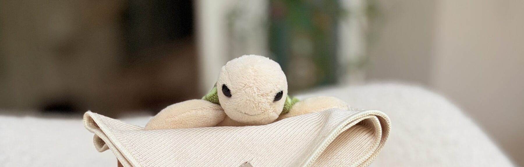 Doudou tortue posé sur un chiffon microfibre au-dessus de la box bébé Lavette Box