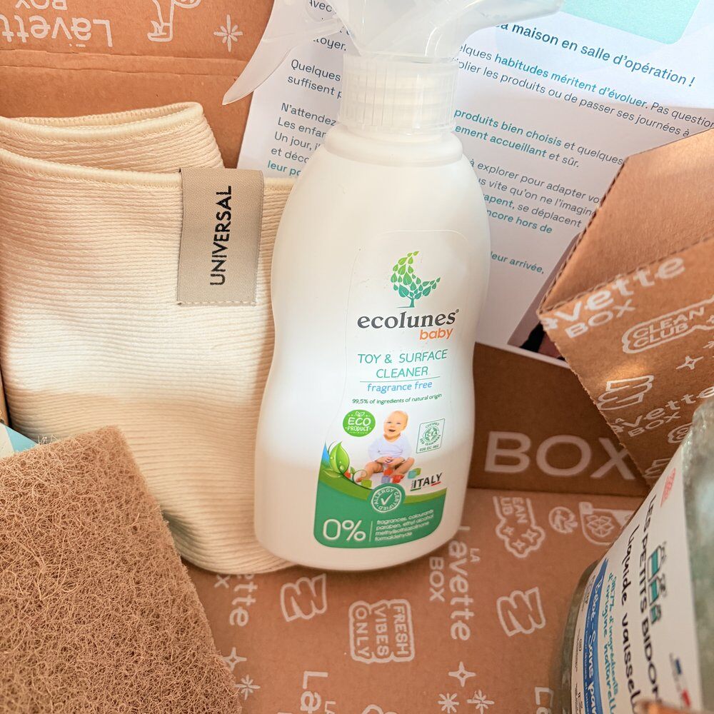 Spray nettoyant jouets et surfaces sans parfum Ecolunes baby dans la box bébé Lavette Box