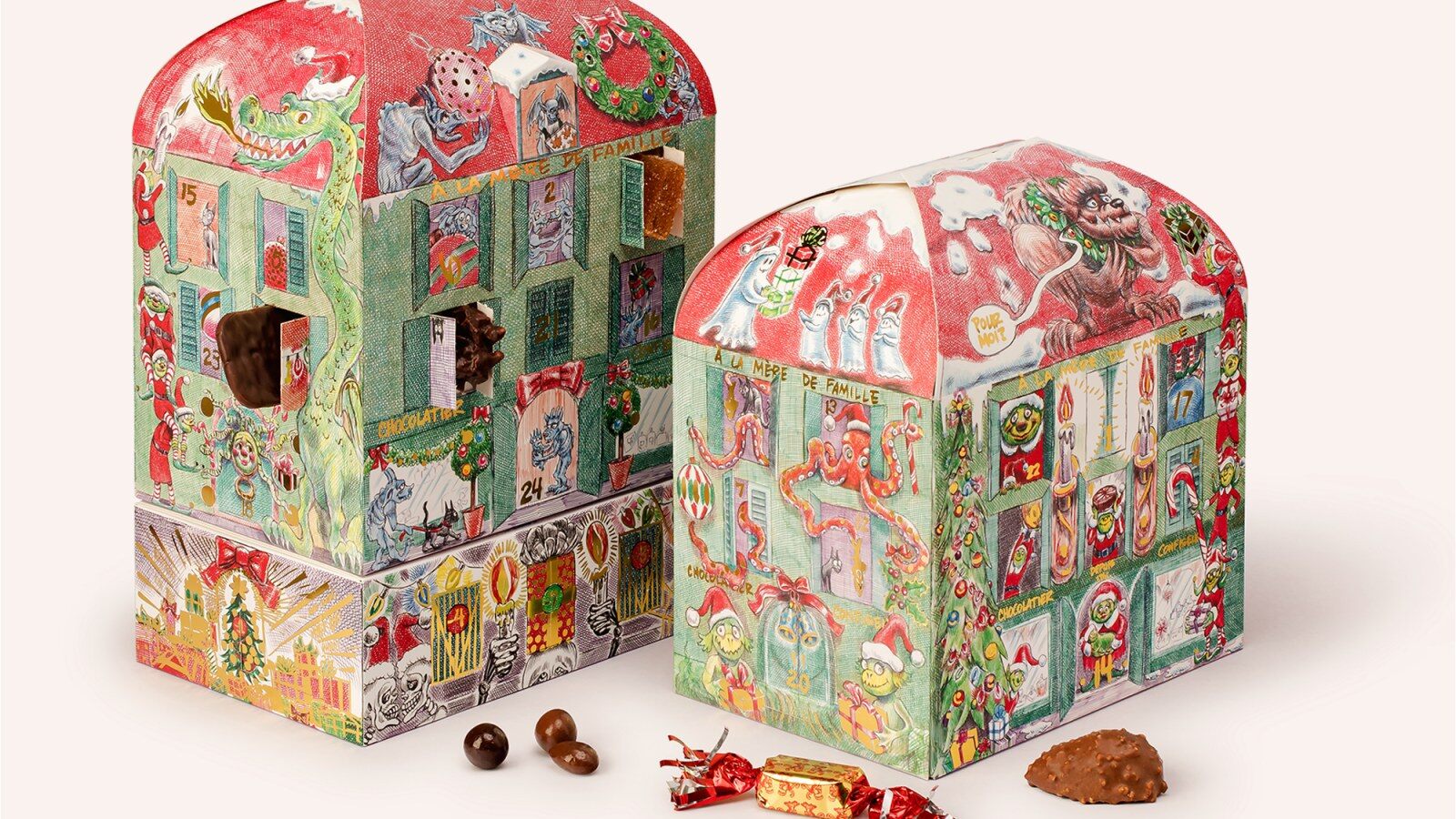 Les deux calendriers de l’Avent À la Mère de Famille 2026 illustrés par Emil Ferris, deux maisonnettes colorées avec chocolats