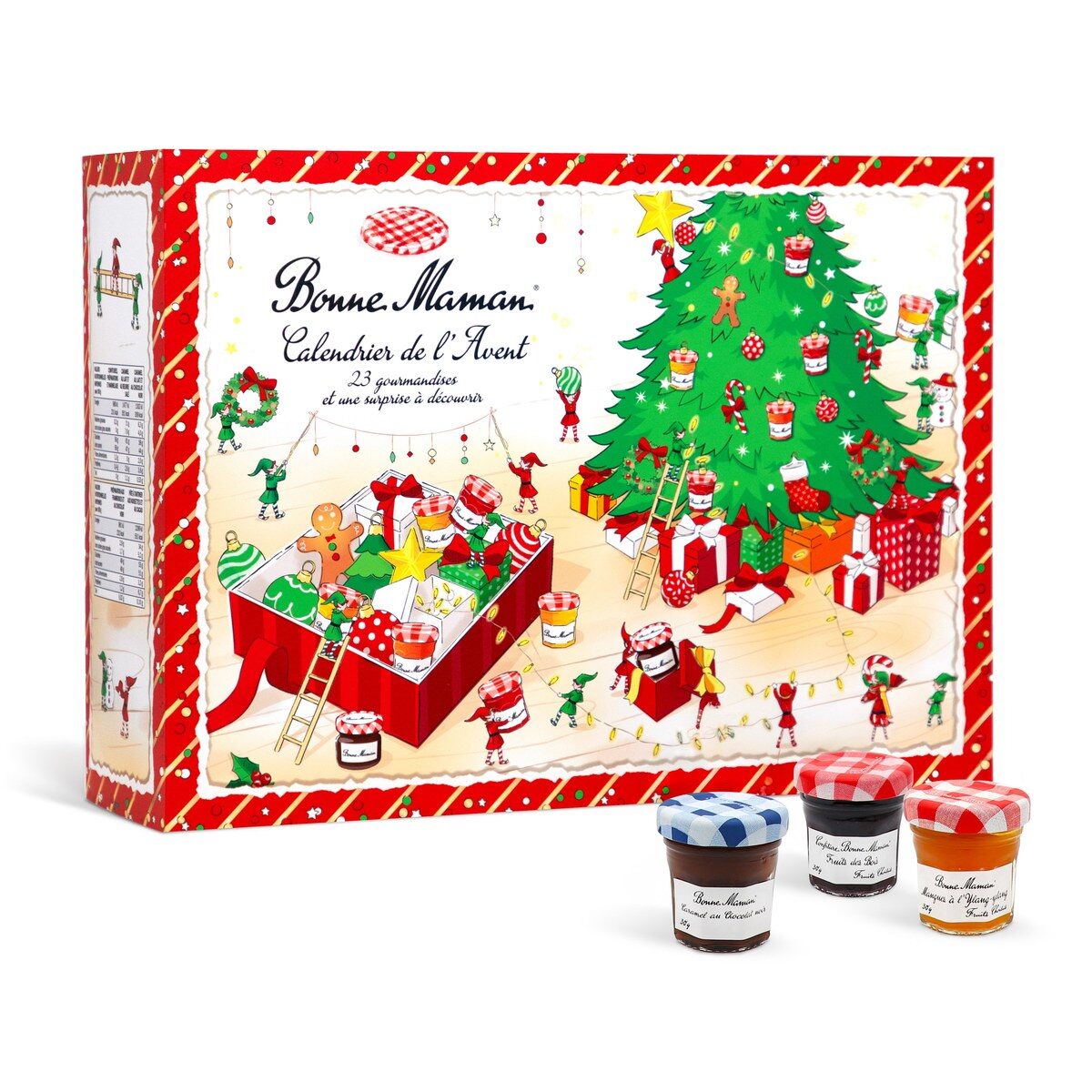 Le coffret fermé du calendrier de l’Avent Bonne Maman 2026, avec son sapin illustré et trois petits pots