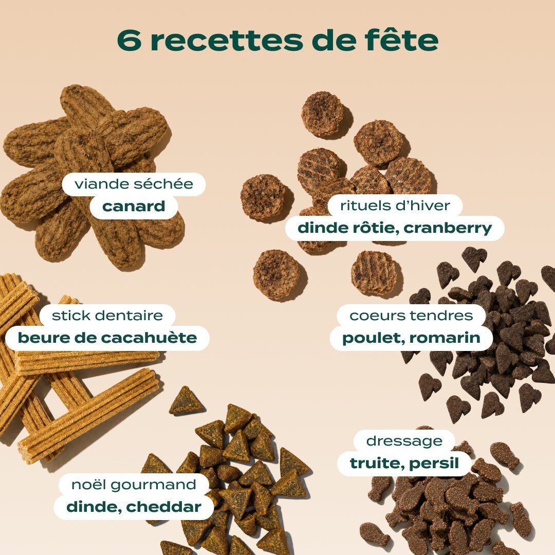 Les six recettes de friandises du calendrier de l’Avent Franklin pour chien : canard, dinde et cranberry, beurre de cacahuète, poulet et romarin, dinde et cheddar, truite et persil