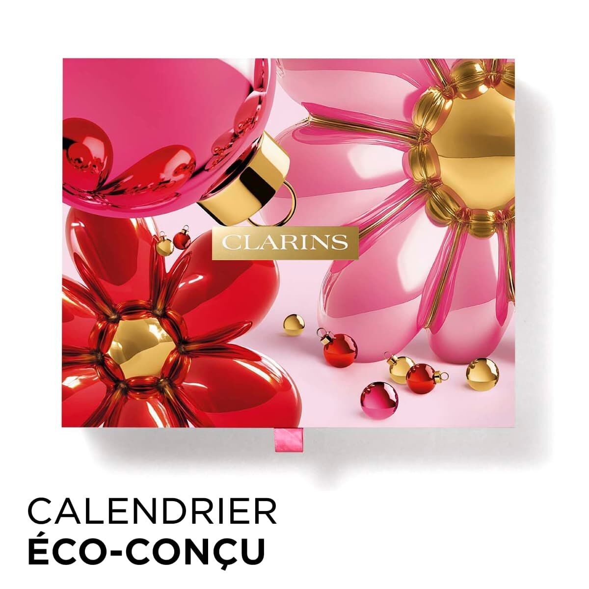 Le calendrier de l’Avent Clarins 2026 ouvert, avec sa fleur rouge et or et la mention calendrier éco-conçu