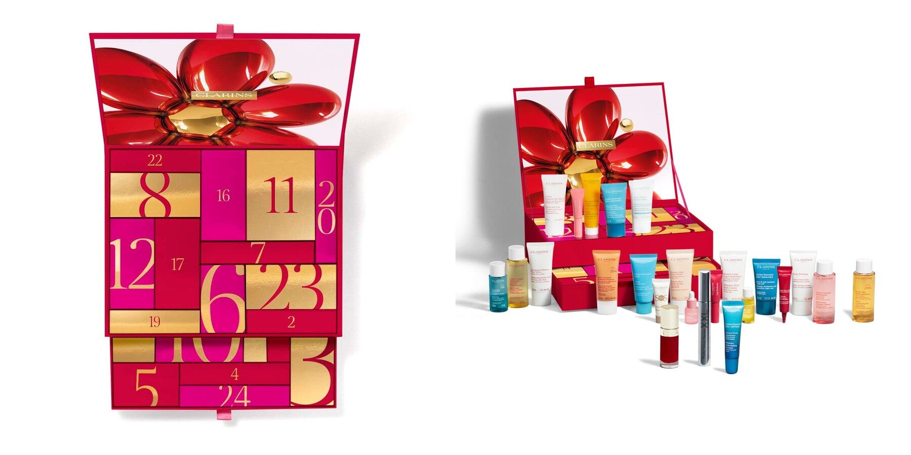 Le calendrier de l’Avent Clarins 2026 fermé avec ses cases numérotées, et ouvert avec ses 24 produits