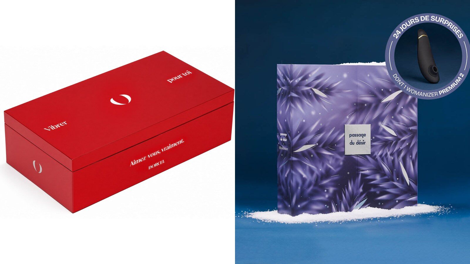 Le coffret rouge du calendrier de l’Avent Dorcel 2026 à côté du calendrier Passage du Désir x Womanizer violet sur fond bleu