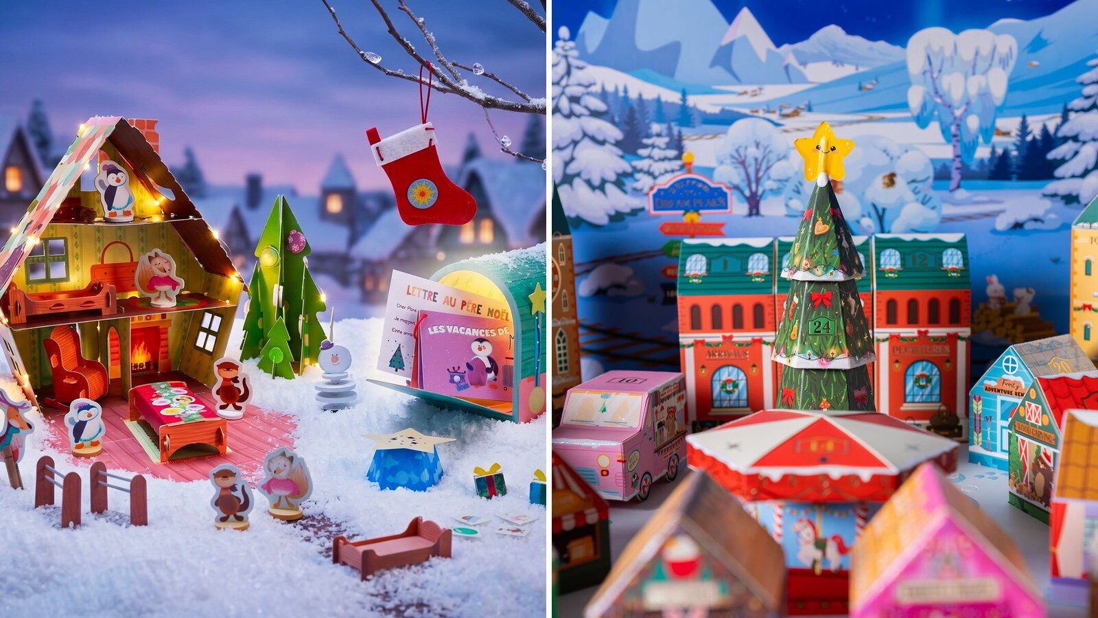 À gauche le chalet de Noël en carton de la Boîte aux Lettres de l’Avent Pandacraft, à droite le village enneigé du calendrier Legami Dream Peaks