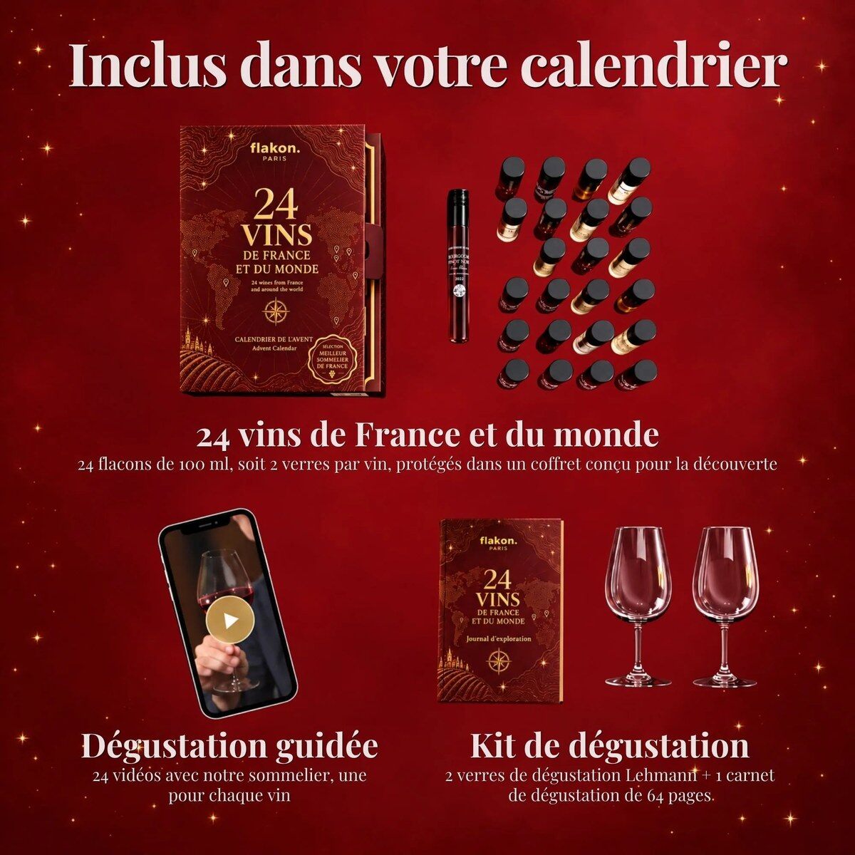 Un smartphone affiche une vidéo de dégustation guidée Flakon à côté d’une fiche de notes