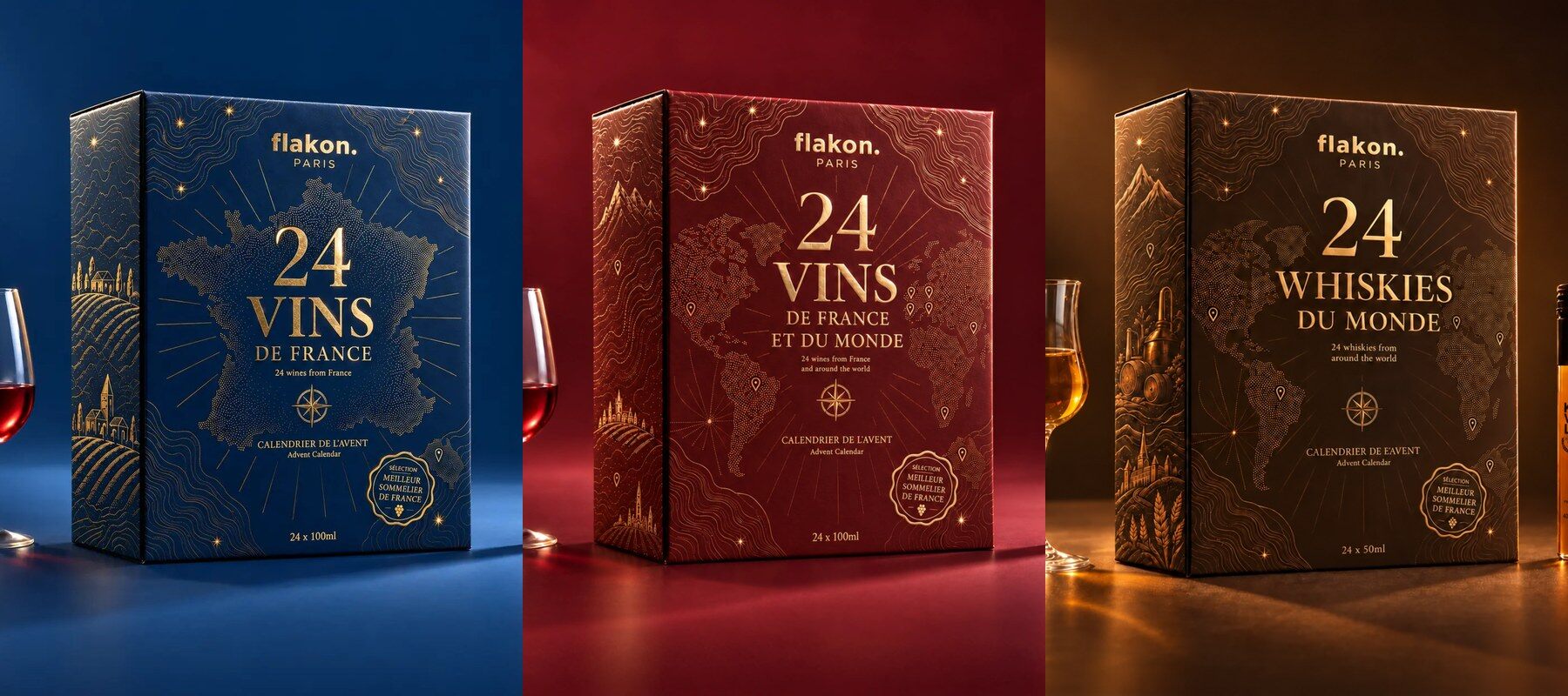 Les trois calendriers de l’Avent Flakon 2026 : 24 vins de France, 24 vins de France et du monde et 24 whiskies du monde