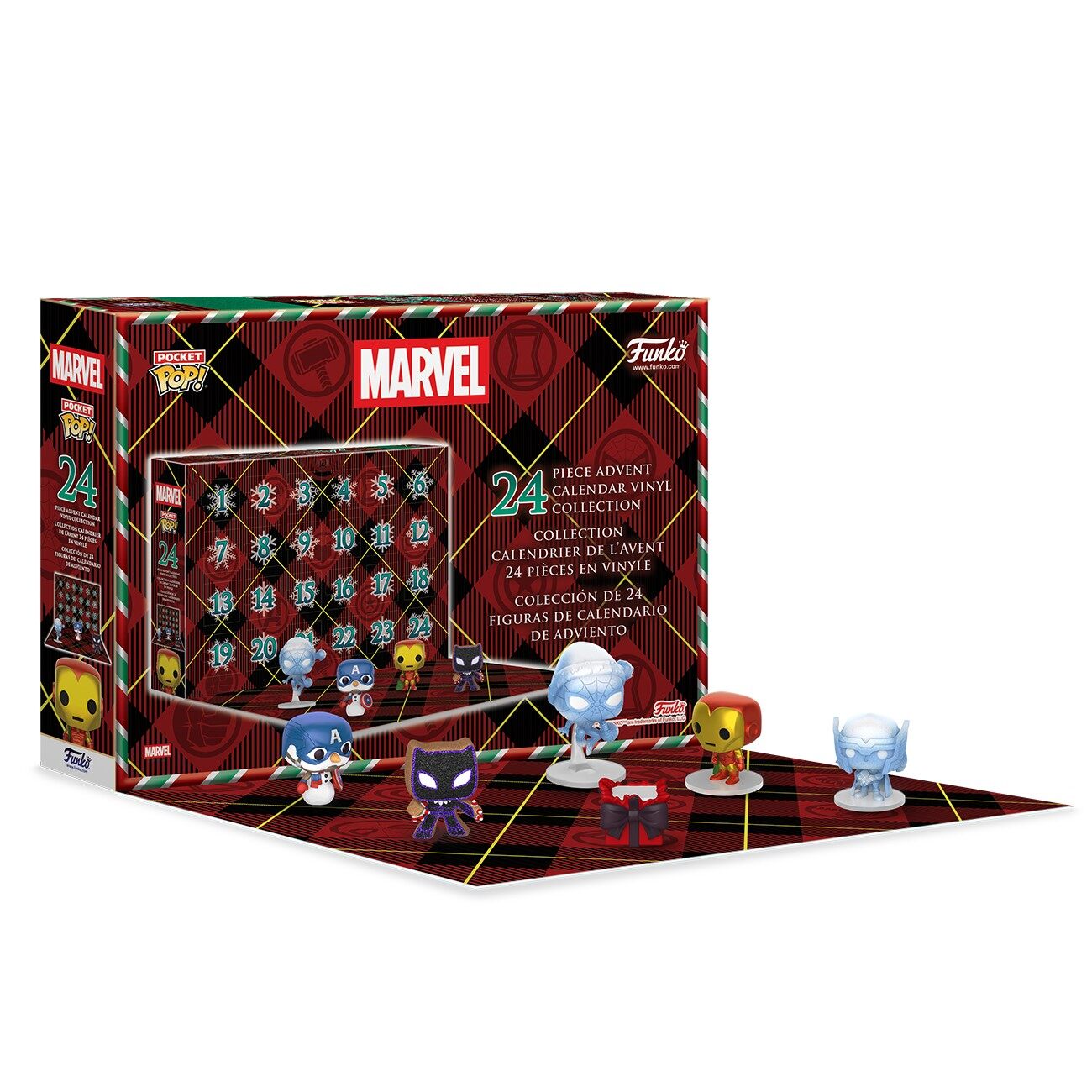 Le calendrier de l’Avent Funko Pocket Pop! Marvel ouvert avec ses figurines de super-héros en tenue de Noël