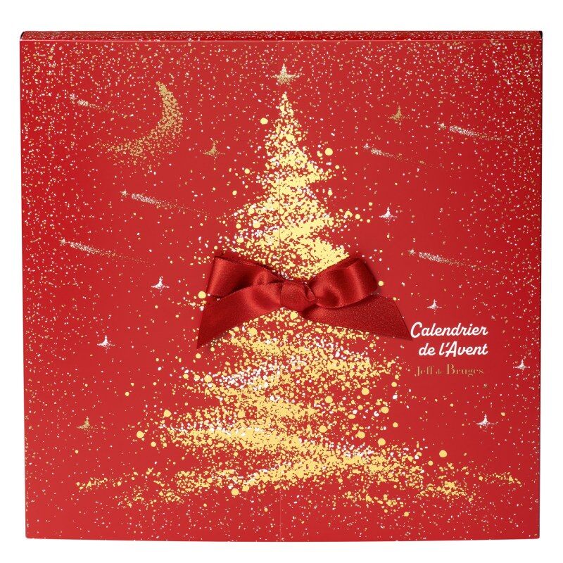 Le calendrier de l’Avent Jeff de Bruges Sapin Enchanté fermé, rouge avec un sapin doré et un nœud