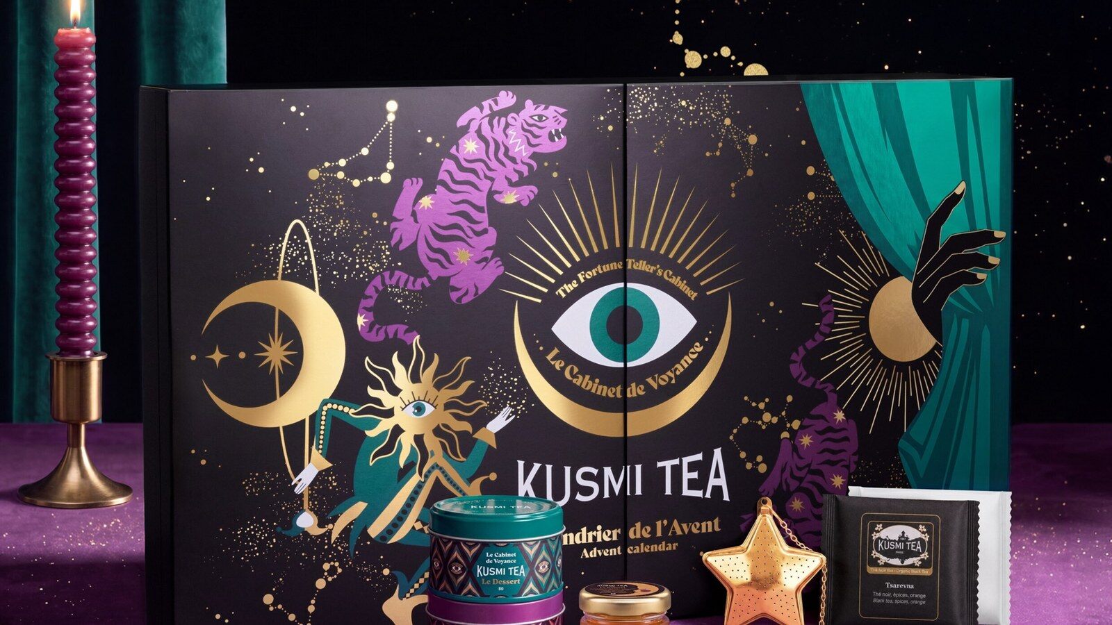 Le calendrier de l’Avent Kusmi Tea 2026 Cabinet de Voyance noir et or avec une bougie et un infuseur étoile