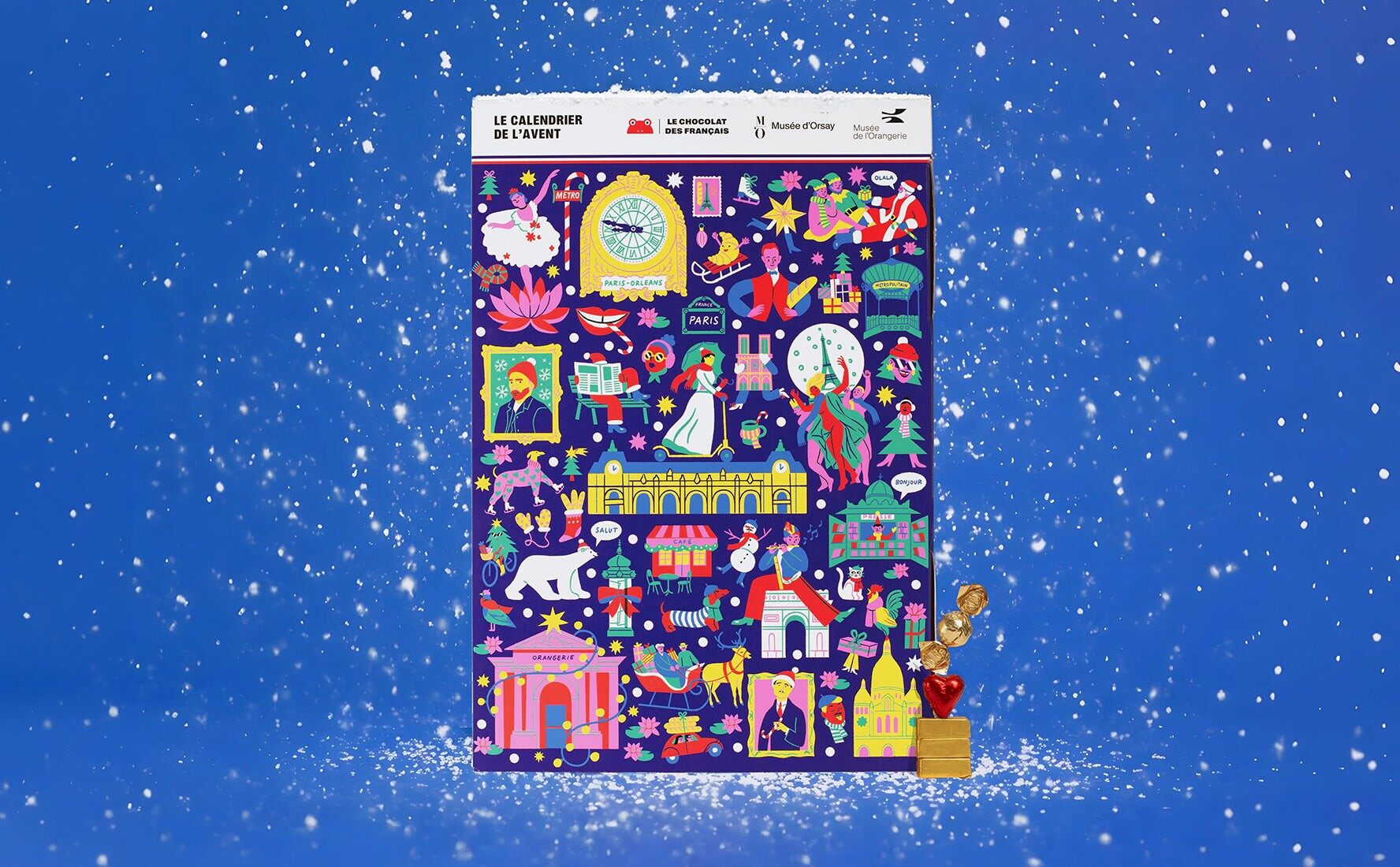 Le calendrier de l’Avent 2026 Musées d’Orsay et de l’Orangerie du Chocolat des Français, couverture bleu nuit illustrée de monuments parisiens et de tableaux
