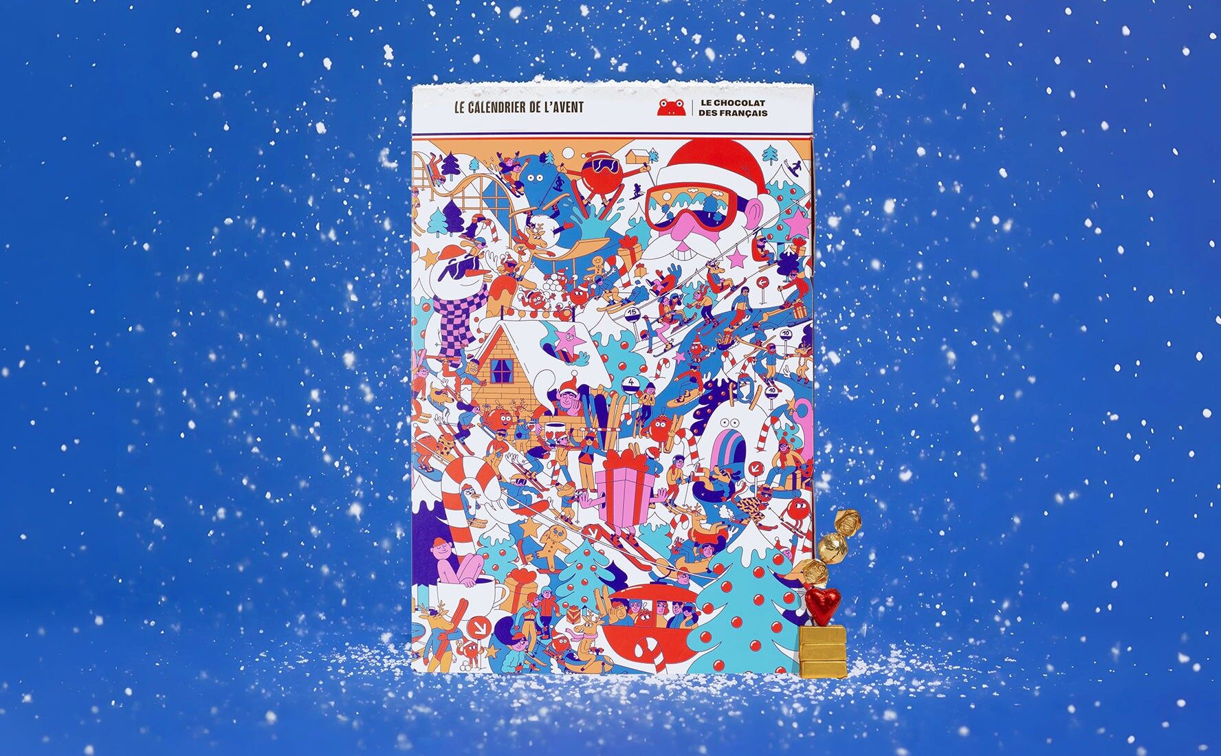 Le calendrier de l’Avent Noël à ski 2026 du Chocolat des Français, illustré de skieurs et d’une télécabine