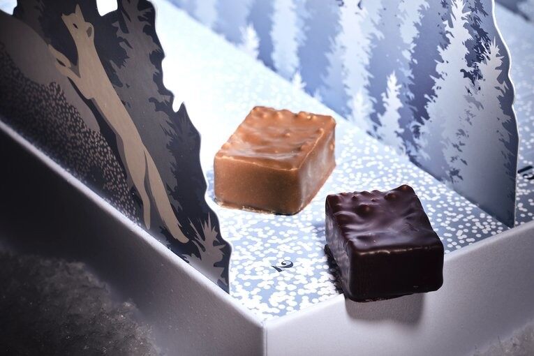Deux bouchées pralinées au chocolat au lait et noir dans une case du calendrier Lenôtre
