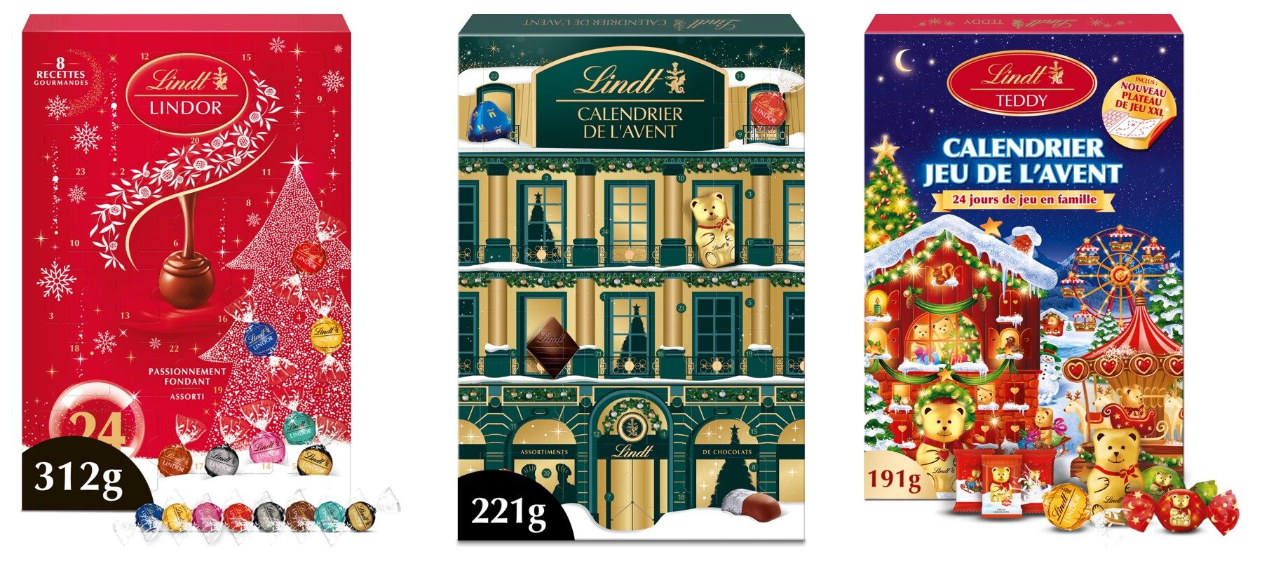 Trois calendriers de l’Avent Lindt 2026 : LINDOR Assorti 312 g, Lindt Assorti 221 g et Jeu de l’Avent TEDDY 191 g
