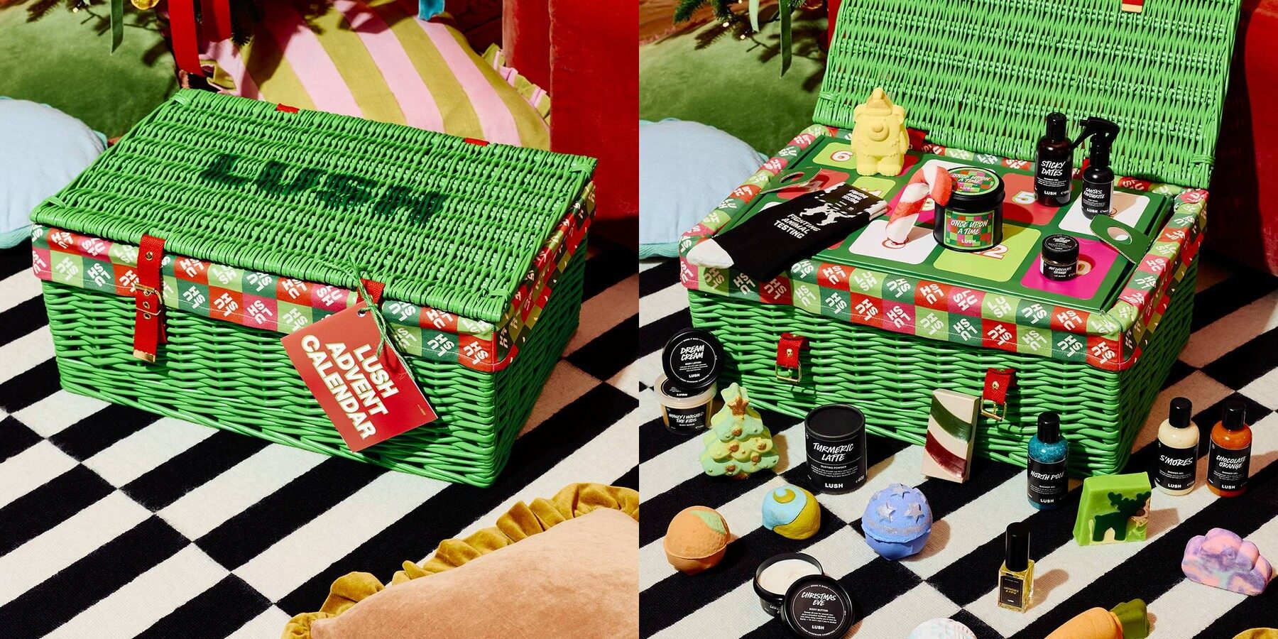 Le panier en osier vert du calendrier de l’Avent Lush 2026, fermé puis ouvert avec ses produits