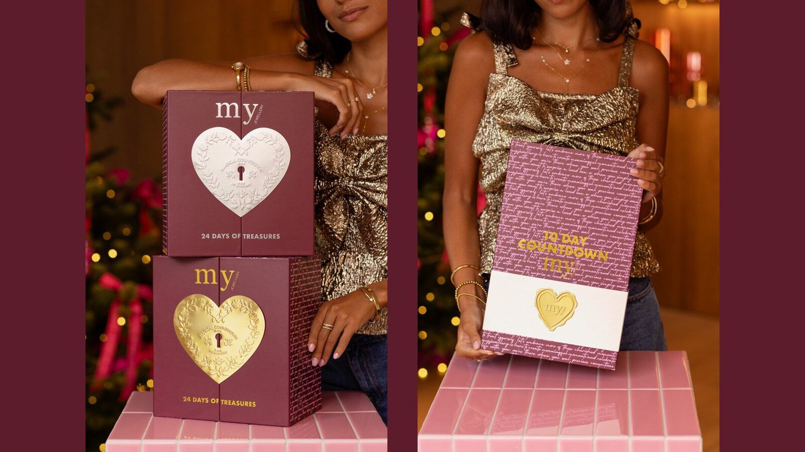 Une femme pose avec les calendriers de l’Avent My Jewellery 2026 Deluxe et Luxe, coffrets bordeaux et roses ornés d’un cœur