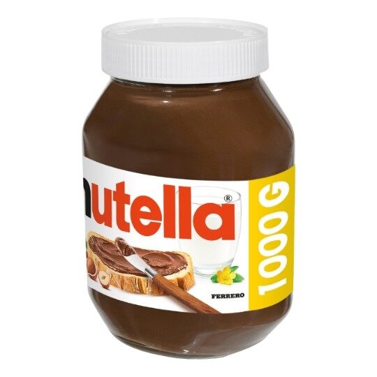 Le pot de Nutella de 1 kg, étiquette blanche et rouge avec une tartine
