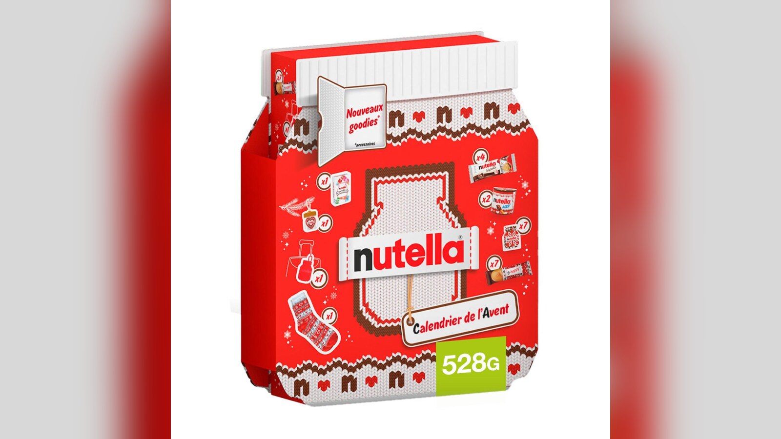 Le calendrier de l’Avent Nutella 2026, un coffret en forme de pot de Nutella habillé d’un pull de Noël rouge et blanc, mention 528 g