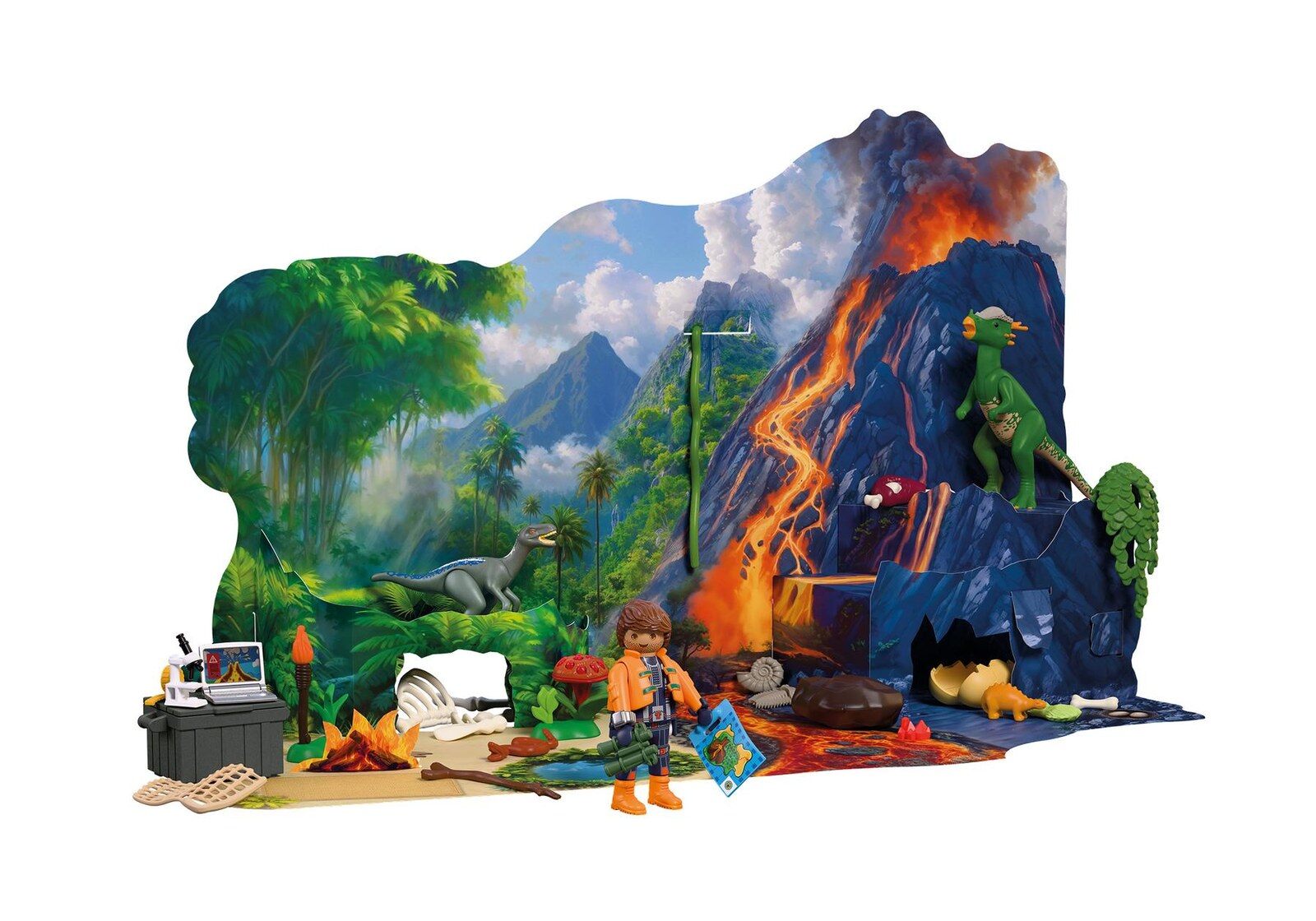 Le contenu du calendrier Playmobil Dinos : chercheur, dinosaures, volcan et accessoires de fouille