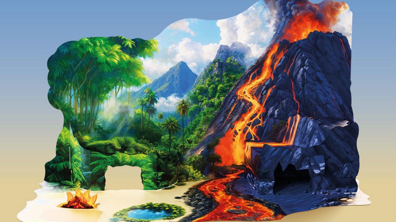 Le décor du calendrier Playmobil Dinos installé avec son volcan, sa jungle et ses figurines