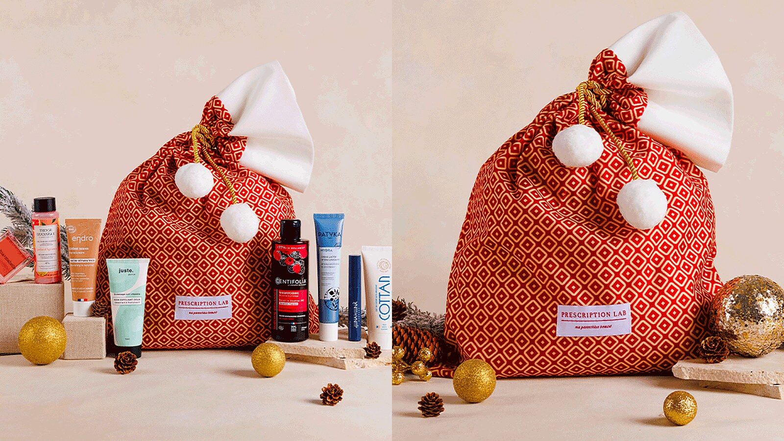 La hotte de Noël rouge et blanche du calendrier de l’Avent Prescription Lab 2026, avec des produits Endro, Centifolia et Cottan et des boules dorées