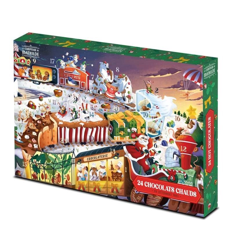 Le coffret 24 Chocolats Chauds du Comptoir de Mathilde, illustré d’un train de Noël