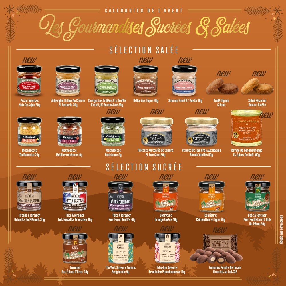 Le contenu du calendrier Gourmet du Comptoir de Mathilde : pots de tartinables salés et sucrés, sablés et terrine