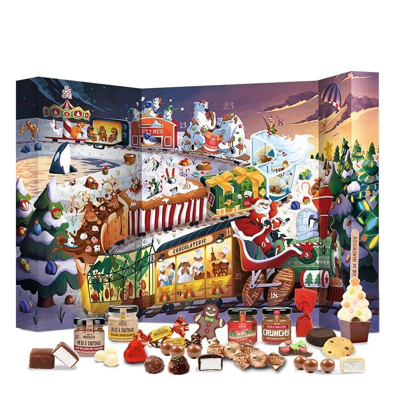 Le calendrier de l’Avent Sucré du Comptoir de Mathilde, illustré d’un train du Père Noël, entouré de chocolats et de pots