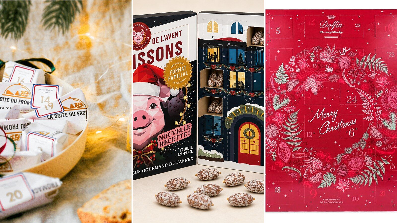 Trois calendriers de l’Avent gourmands 2026 côte à côte : fromages numérotés La Boîte du Fromager, calendrier saucisson Ici Présent et calendrier chocolat Dolfin rouge