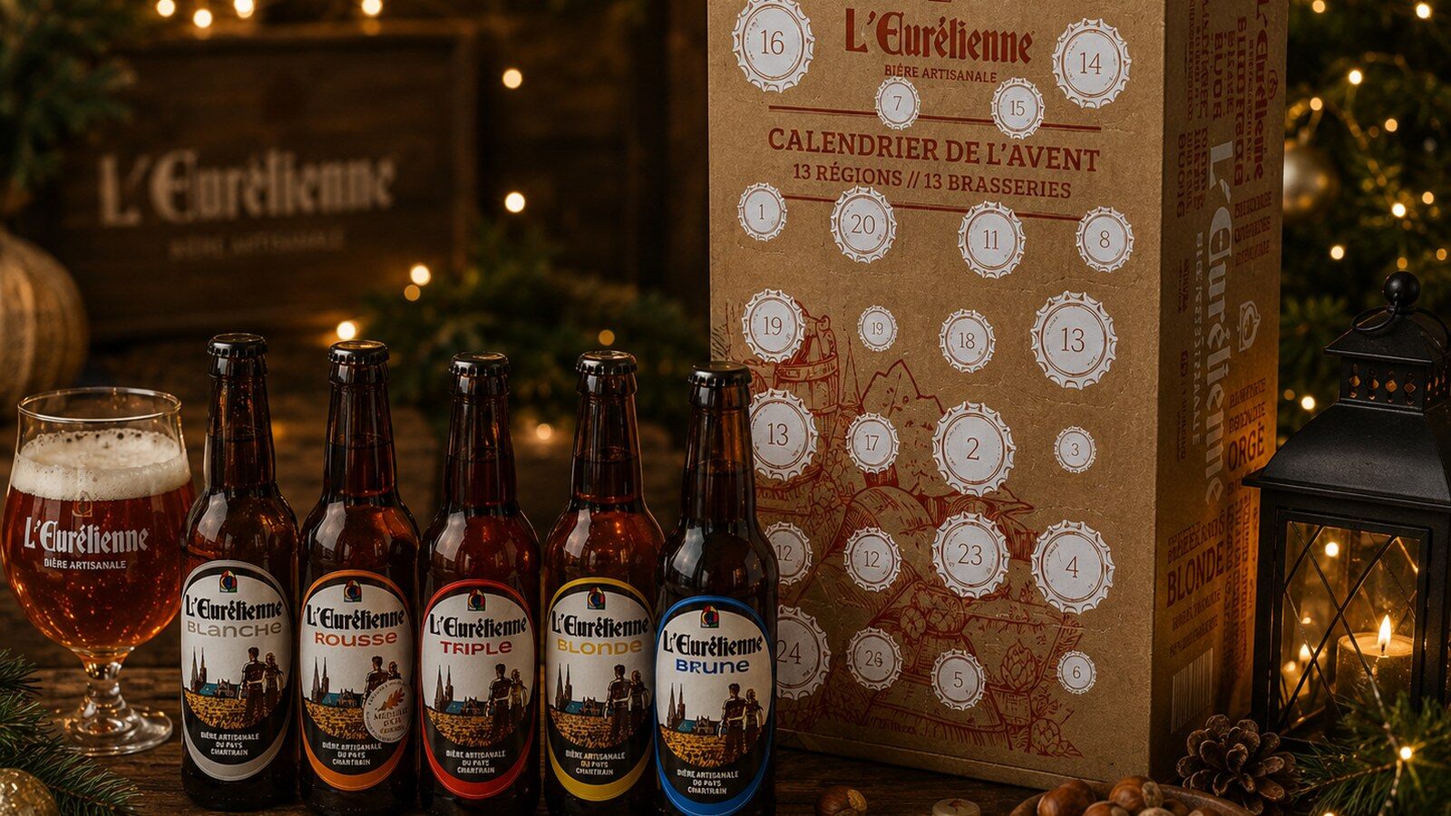 Le calendrier de l’Avent Bières Artisanales et Régionales 2026 à côté de bouteilles de bière de la Brasserie L’Eurélienne