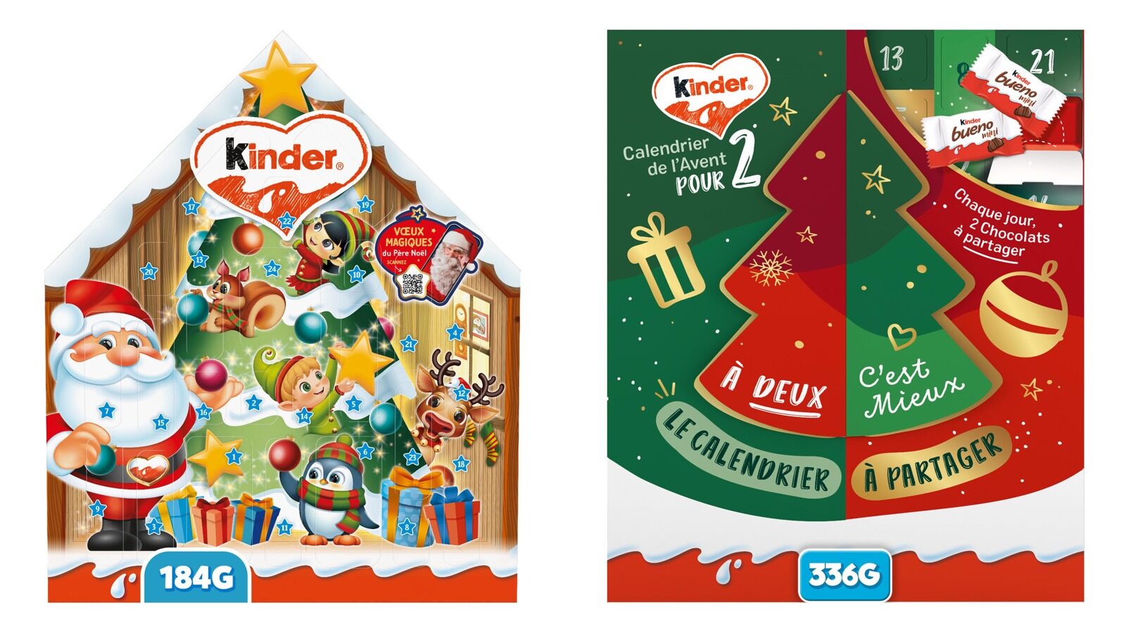 Calendriers de l’Avent Kinder 2026 : le Chalet du Père Noël 184 g et le calendrier à partager 336 g
