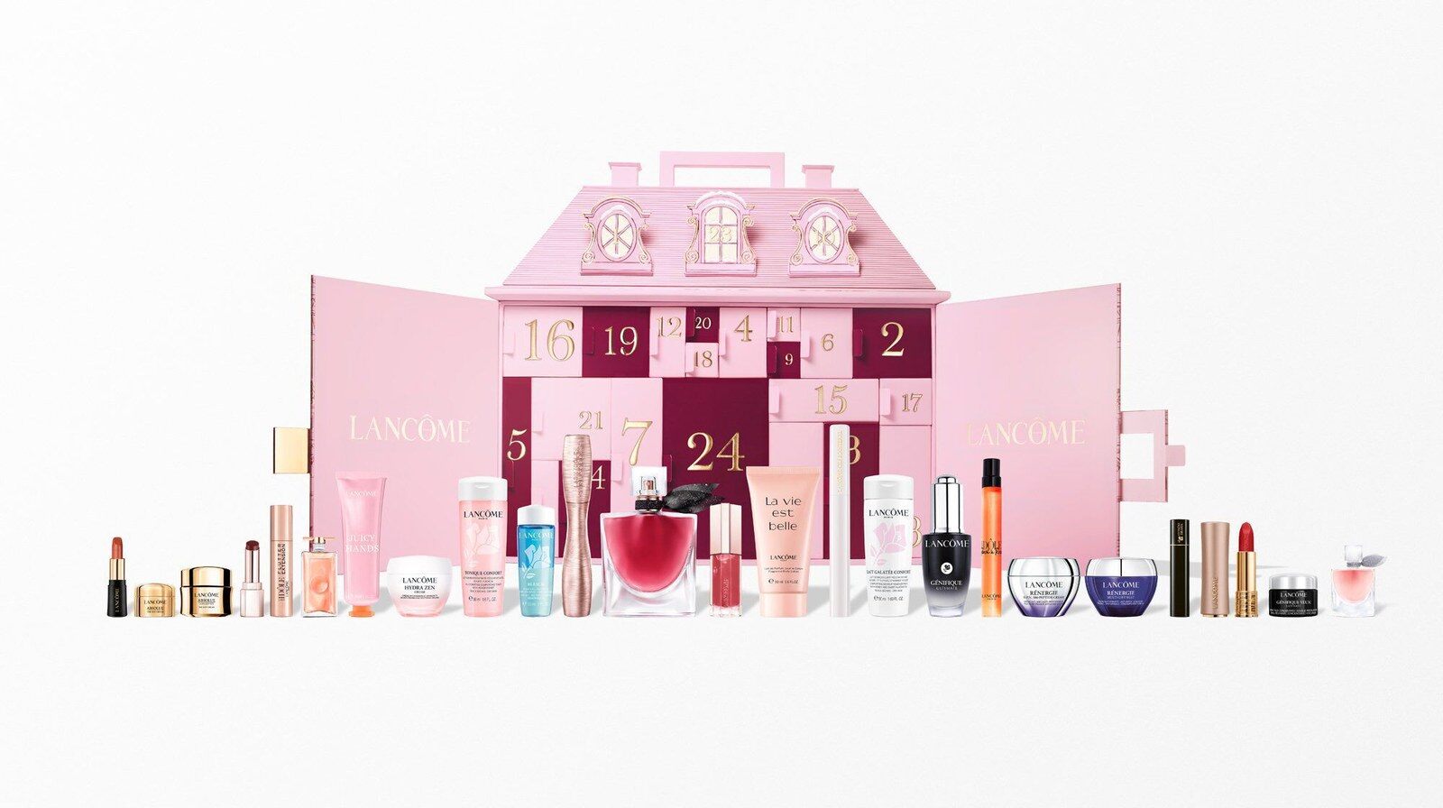 Le calendrier de l’Avent Luxe Lancôme 2026 en forme de palace parisien rose entouré de ses produits