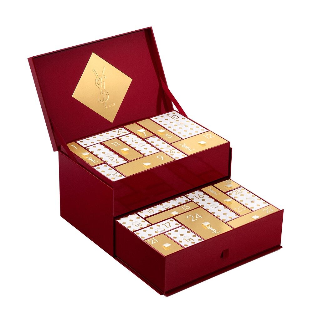 Le calendrier de l’Avent YSL Beauty 2026 rouge et or à deux tiroirs ouvert