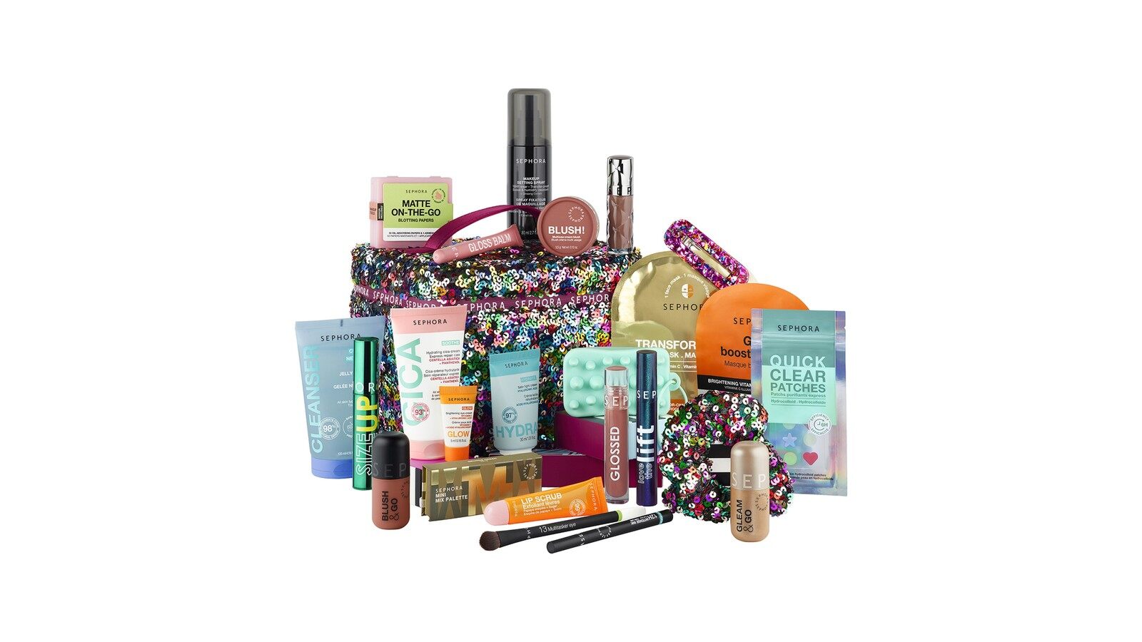 Le vanity à sequins multicolores du calendrier de l’Avent Sephora Collection Premium 2026 entouré de ses produits