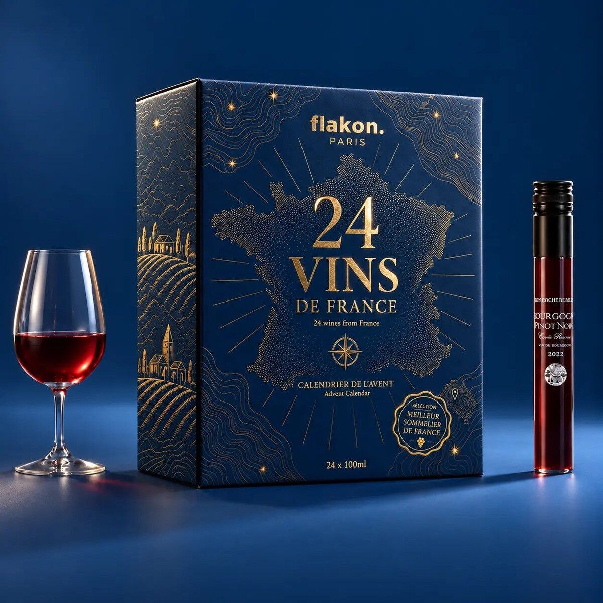 Le calendrier de l’Avent Flakon 24 Vins de France, coffret bleu nuit orné d’une carte de France dorée