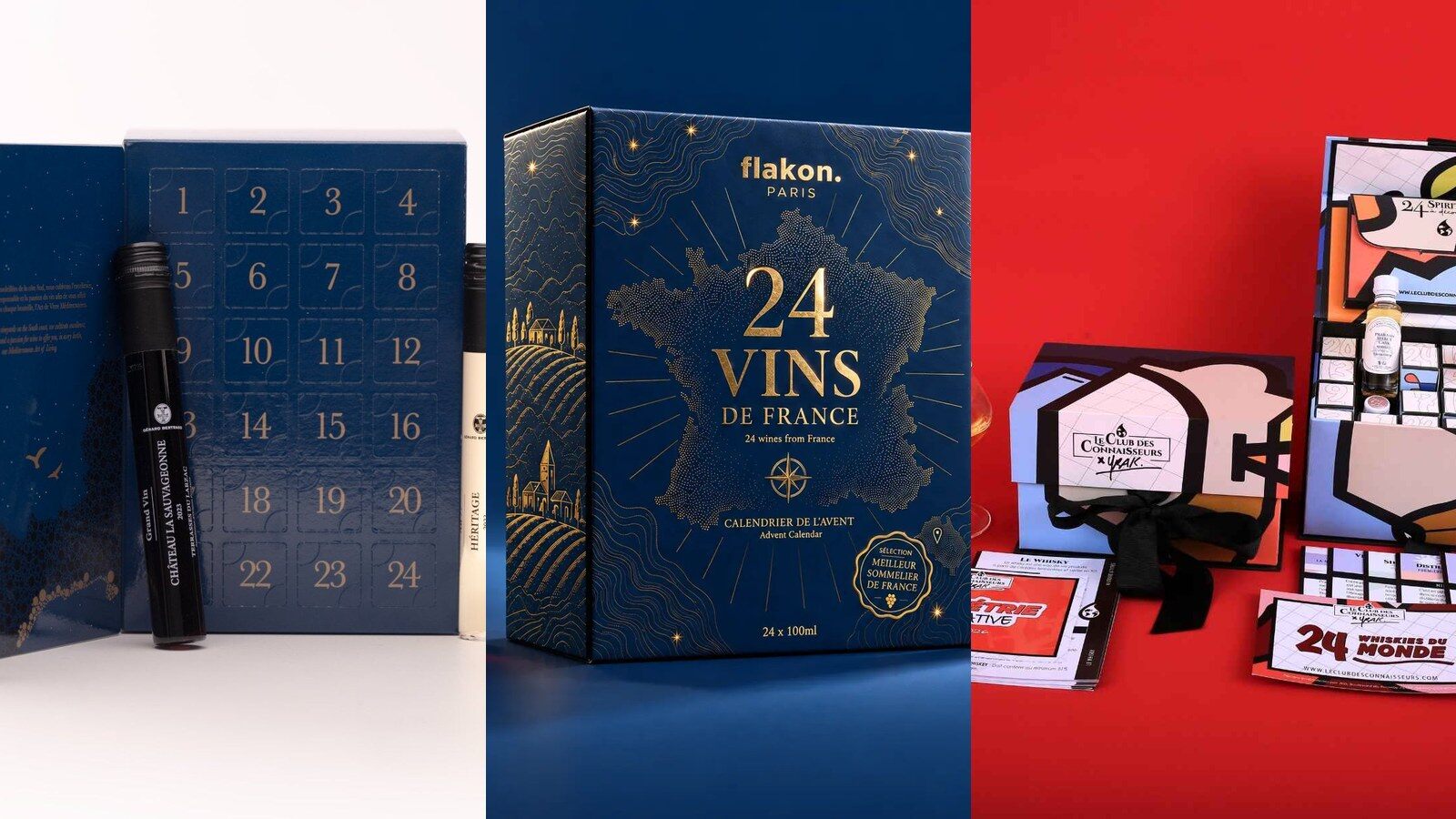 Les calendriers de l’Avent 2026 de Gérard Bertrand, Flakon et Le Club des Connaisseurs côte à côte