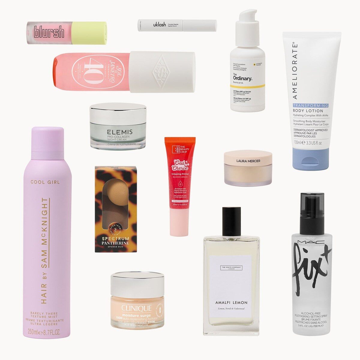 Une partie des produits du calendrier de l’Avent beauté Lookfantastic 2026 posés sur fond blanc