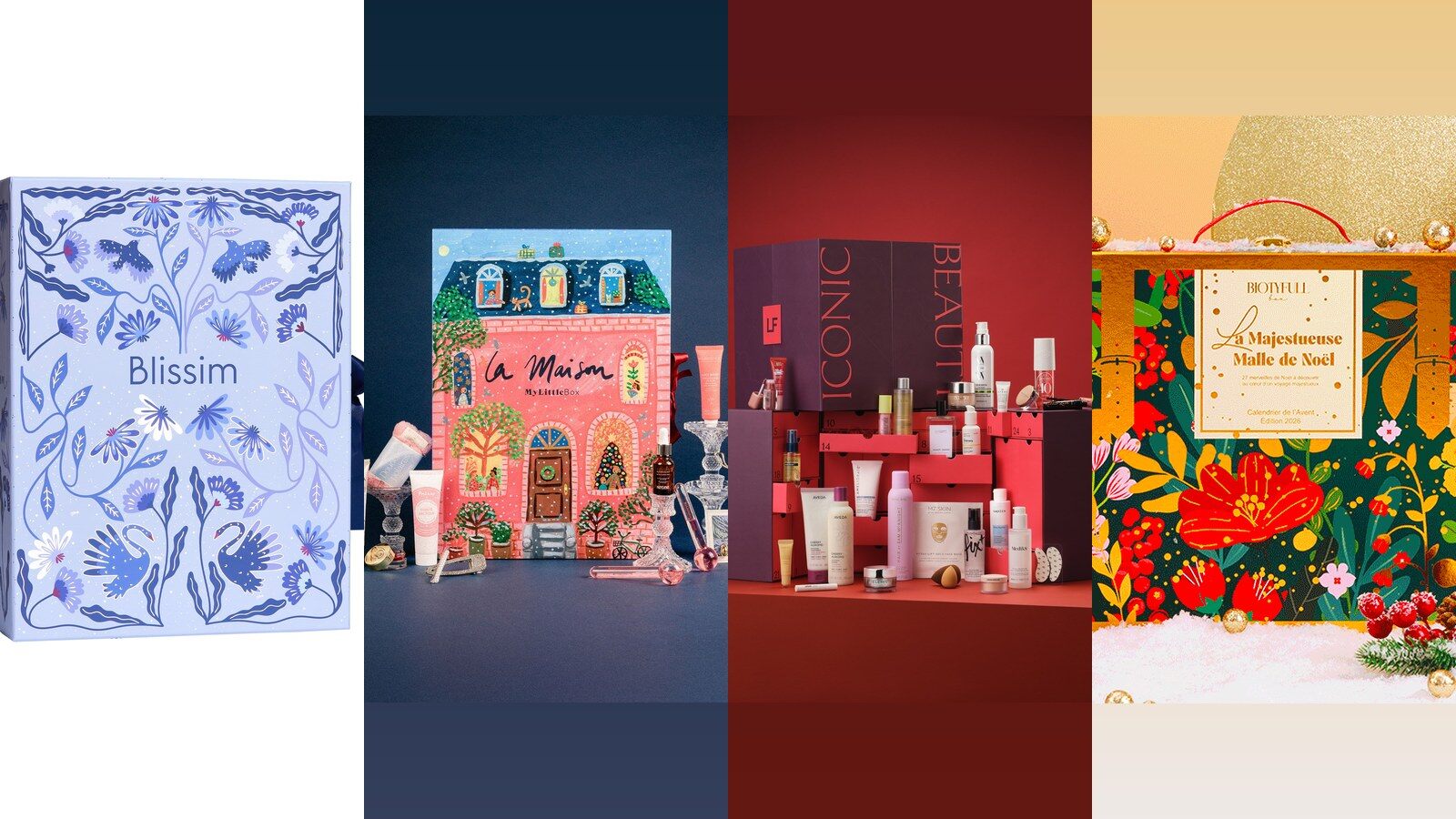 Les calendriers de l’Avent 2026 de Blissim, My Little Box, Lookfantastic et Biotyfull Box côte à côte