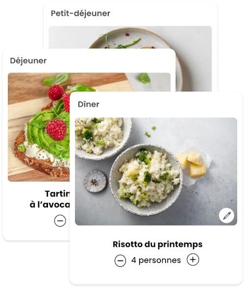Menu d'une journée personnalisé dans Croq'Kilos : petit-déjeuner, déjeuner, dîner