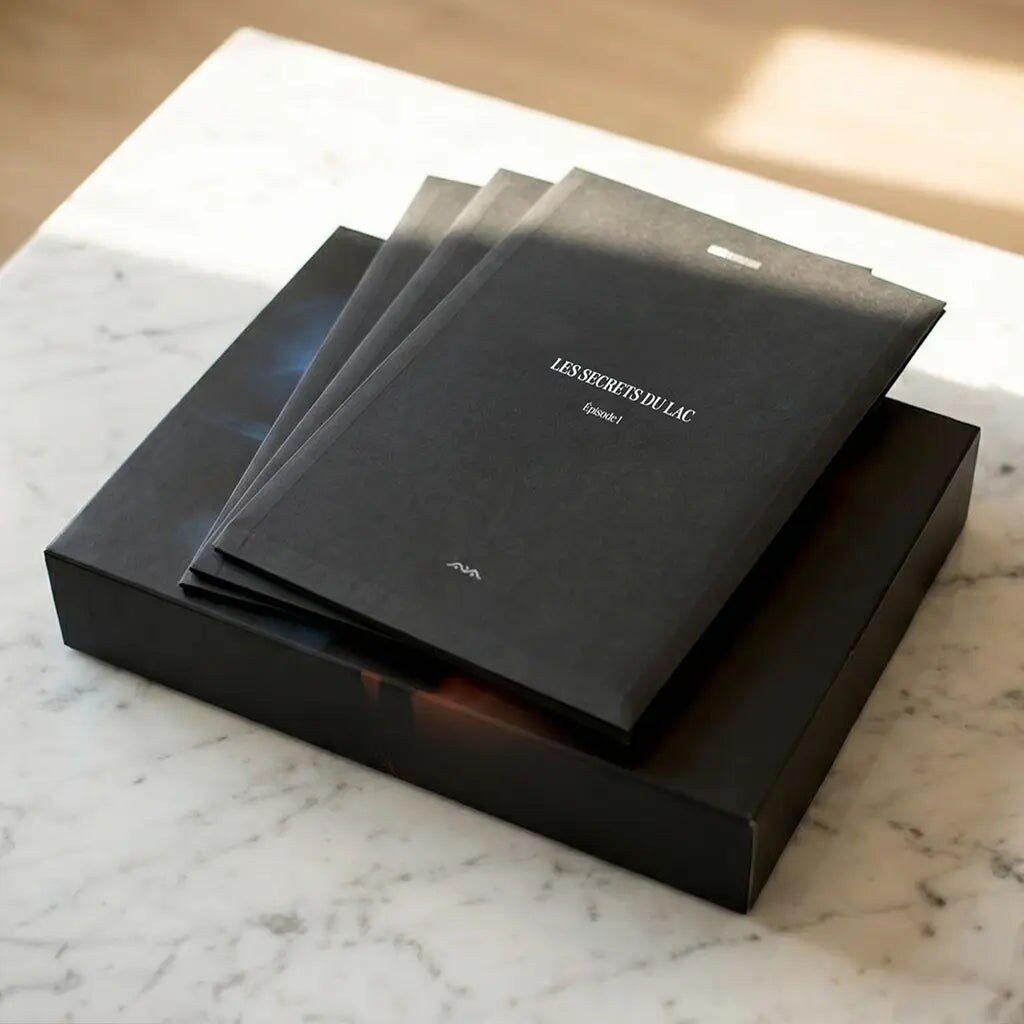 Le coffret Les Secrets du Lac et ses enveloppes d’épisodes posés sur une table en marbre