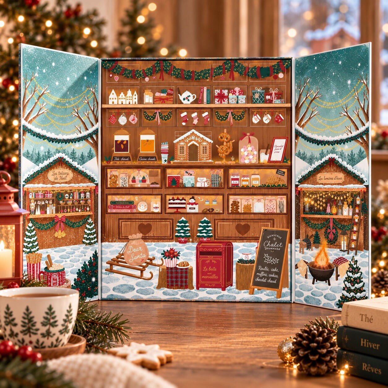 Le calendrier de l’Avent La Thé Box 2026 « Le Marché des Merveilles », ouvert sur des étagères de chalet de Noël illustrées