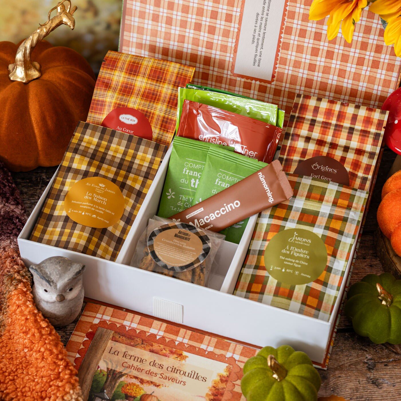 Le contenu de la box La Ferme des Citrouilles : sachets de thé en vrac à carreaux, infusettes, stick Macaccino et biscuits