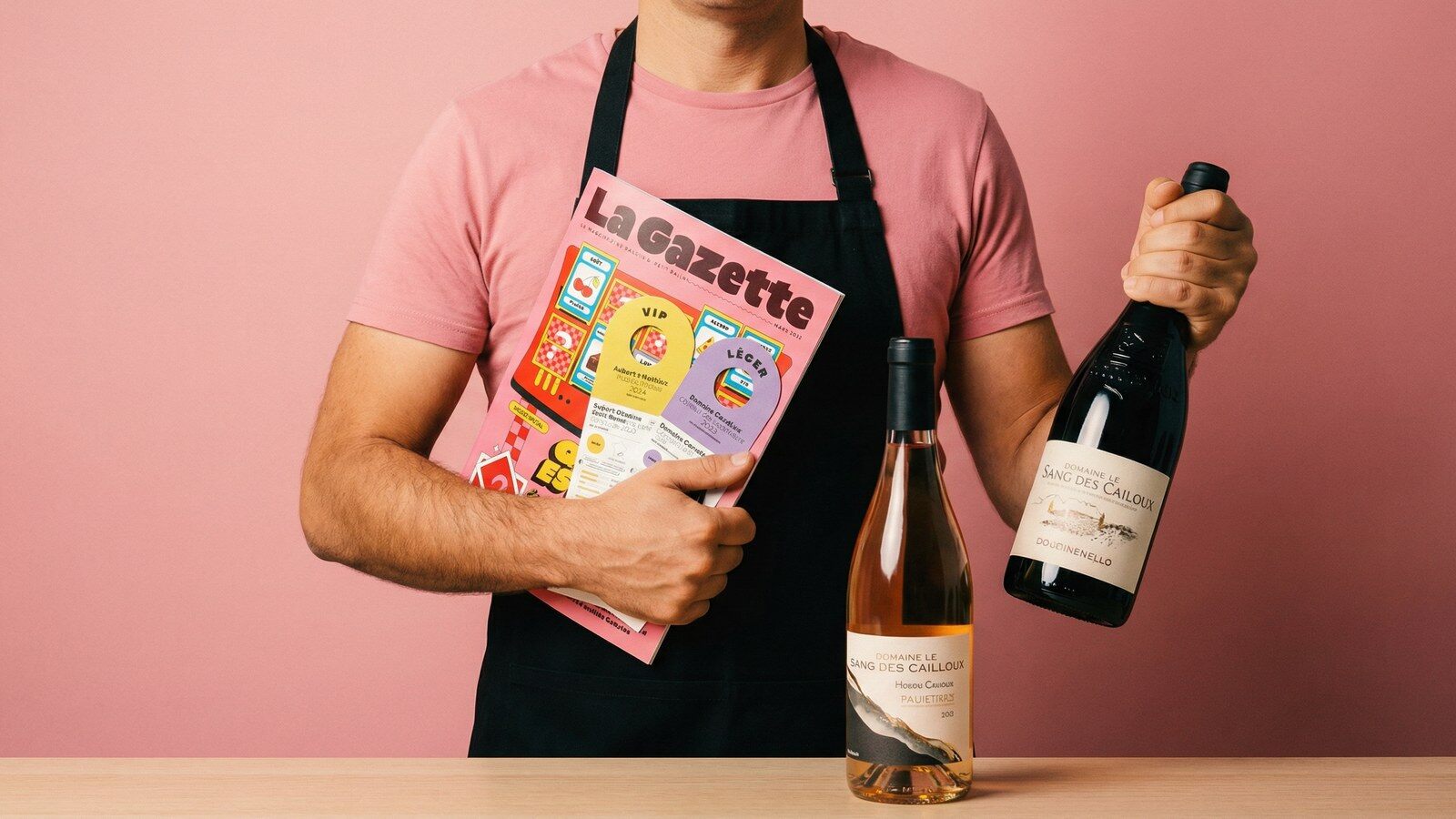 Un homme en tablier présente une bouteille de rouge, une bouteille de rosé et la Gazette du Petit Ballon