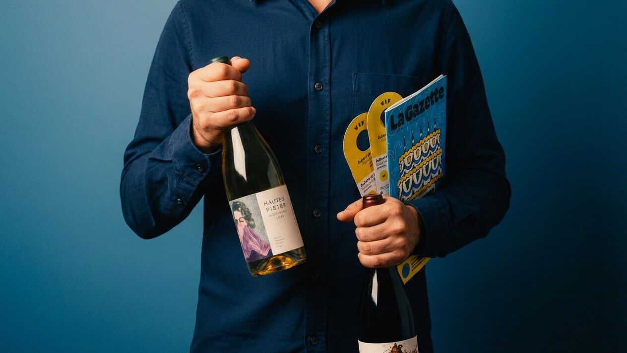 Un homme tient deux bouteilles de vin et la Gazette du Petit Ballon devant un fond bleu